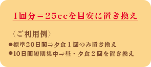 1回分＝25ccを目安に置き換え 〈ご利用例〉 ●標準20日間⇒夕食1回のみ置き換え ●10日間短期集中⇒昼・夕食２回を置き換え